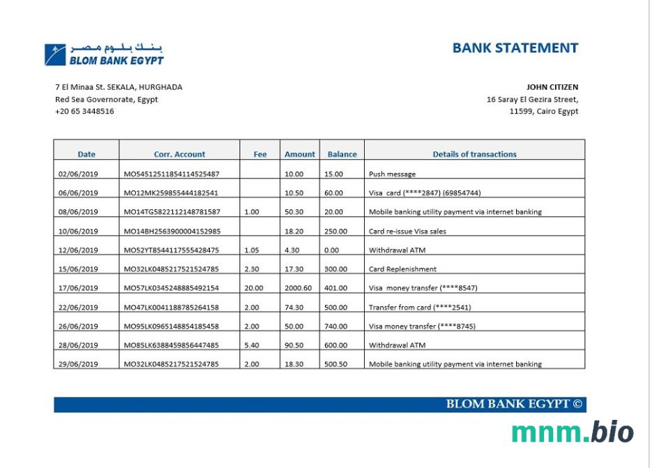 Egypt Blom Bank of Egypt wyciąg bankowy łatwy do wypełnienia szablon w formacie Excel i PDF